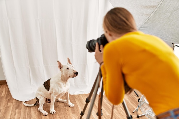 Fotografo di giovane donna caucasica che fa foto al cane in studio fotografico