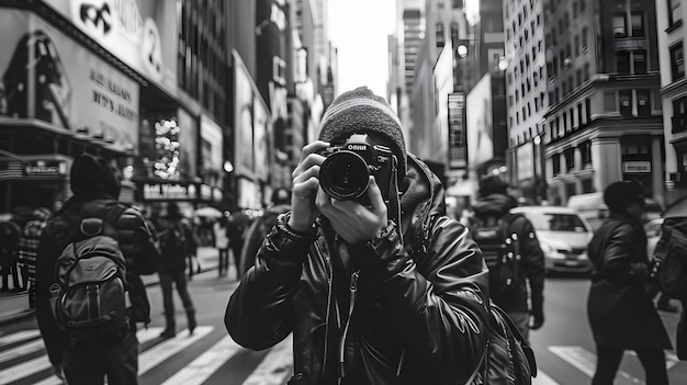 Fotografo di strada in bianco e nero al lavoro