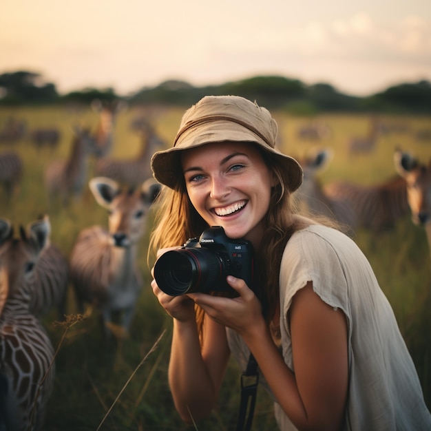 Fotografo donna sorridente con una macchina fotografica in un campo di zebre