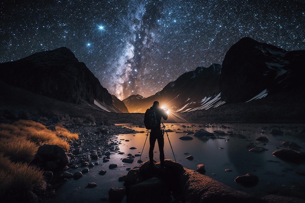Fotografo e paesaggio di stelle notturne AI Generato
