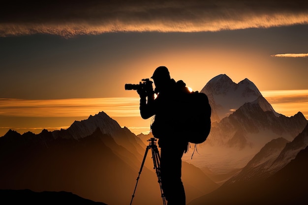 Fotografo in silhouette mentre catturano il tramonto sulle montagne