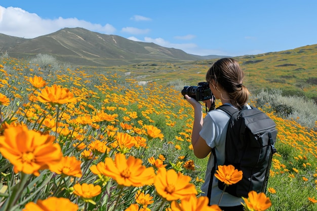 Fotografo nell'ora d'oro tra i fiori gialli