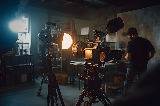 Fotografo professionista che cattura immagini in uno studio scarsamente illuminato con