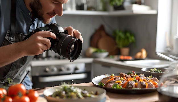 Fotografo professionista che scatta foto mentre lo stilista alimentare decora la composizione con un medaglione di carne in studio