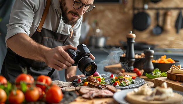 Fotografo professionista che scatta foto mentre lo stilista alimentare decora la composizione con un medaglione di carne in studio