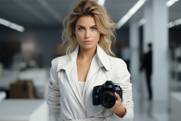 Fotografo ritrattista donna in piedi davanti al concetto di giornata mondiale della fotografia in studio cinematografico