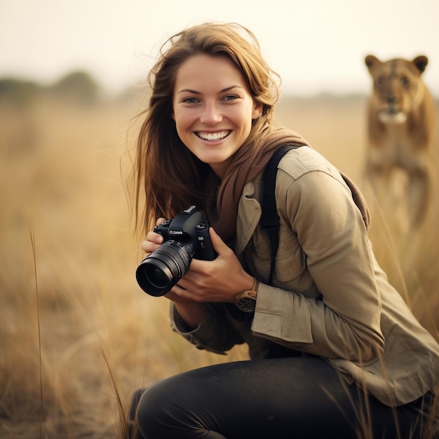 Fotografo sorridente della donna con una macchina fotografica sul safari
