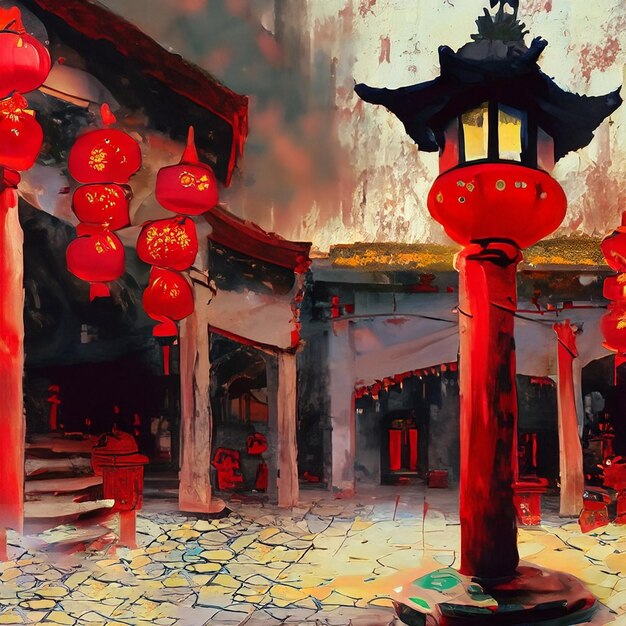 Fotopittura di un cortile con lanterne rosse generative ai