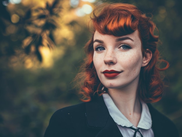 Fotorealistica Teen White Woman con capelli lisci rossi illustrazione vintage