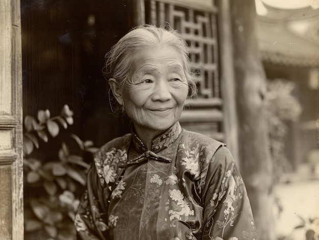 Fotorealistica vecchia donna cinese con capelli lisci biondi illustrazione vintage