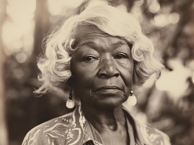 Fotorealistica vecchia donna nera con capelli lisci biondi illustrazione vintage