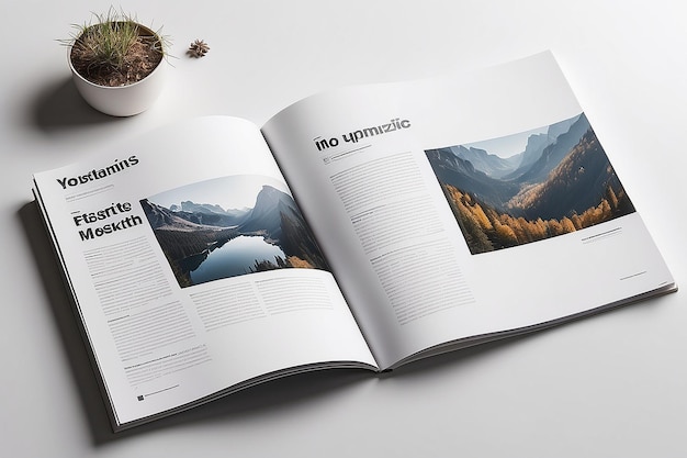 Fotorealistico Magazine Spread Mockup con sfondi bianchi vuoti per il tuo contenuto