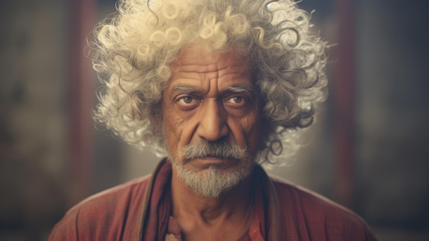 Fotorealistico vecchio indiano con capelli biondi ricci illustrazione vintage ritratto di una persona in stile retro degli anni '60 colori morbidi Ai generato illustrazione orizzontale