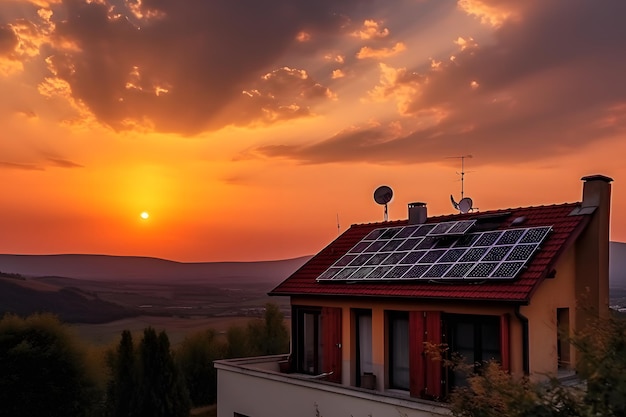 Fotovoltaico sul tetto della casa e cielo arancione sullo sfondo del tramonto Concetto di fonte elettrica alternativa