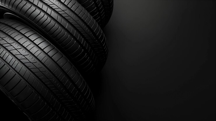 Four black car tires on black background with empty copy space for advertisements Generative AI