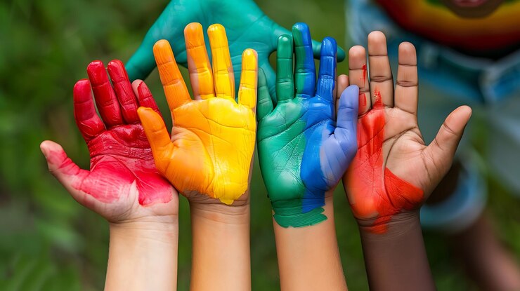 Four childrens hands painted in different colors are held up in the air against a blurred background