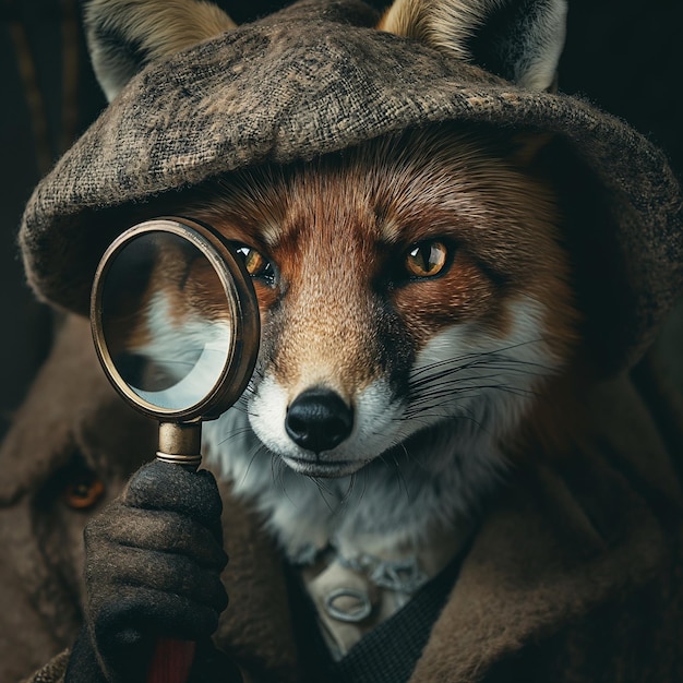 Fox in abito da detective con una lente d'ingrandimento in mano che risolve un mistero intelligente e concentrato