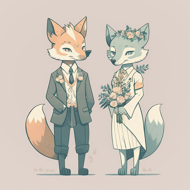 Fox sposa e sposo Bella coppia di sposi Just Married Generative AI