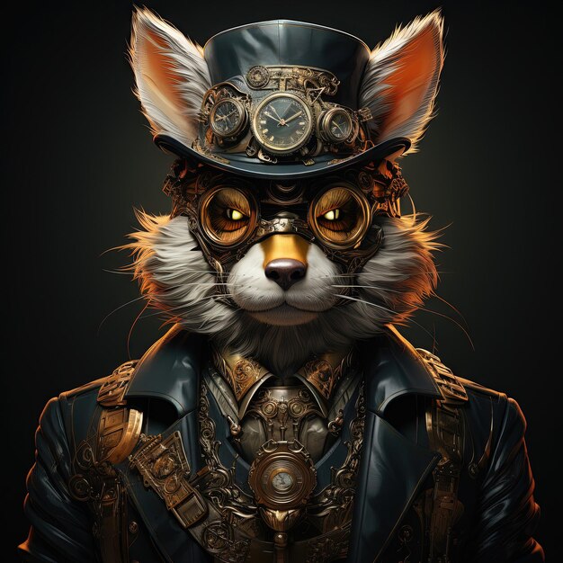 Fox steampunk animale illustrazione in stile cartone animato quadrato isolato su nero