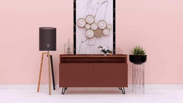 Foyer con tavolo moderno in legno e pareti rosa abbinate a marmo bianco e accessori vari