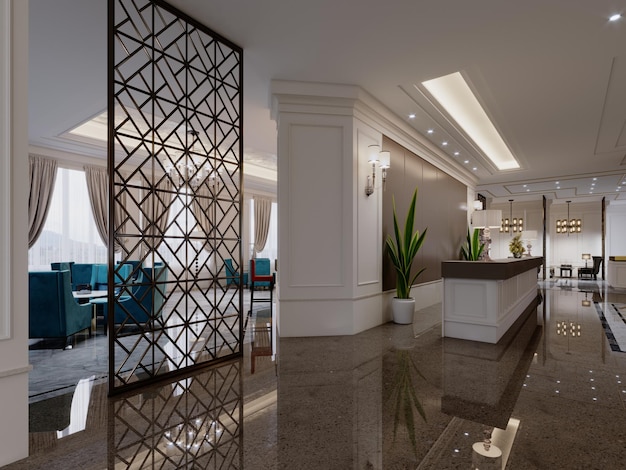 Foyer dell'hotel con reception e colonne nel classico rendering 3D di interior design