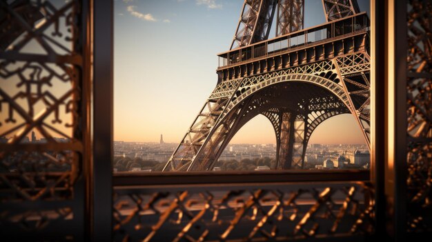 Fragmento di close-up dell'iconica Torre Eiffel di Parigi, in Francia, che cattura i dettagli intricati e la struttura in acciaio di questa meraviglia architettonica