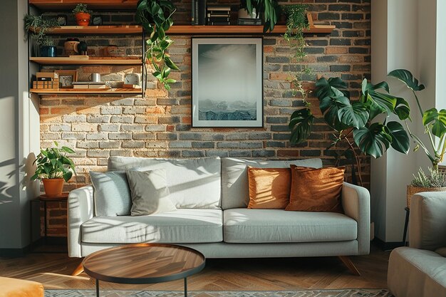 Fragmento interno di un moderno soggiorno con un comodo divano, piante d'appartamento e scaffali