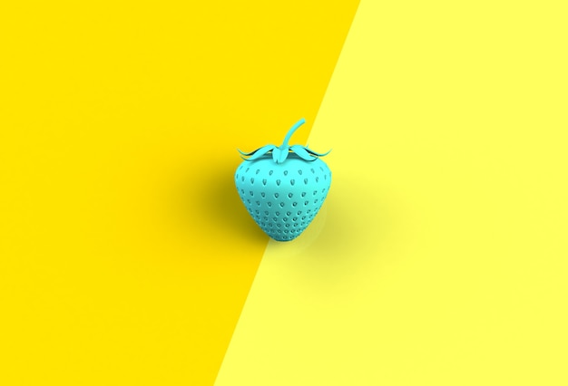 Fragola blu su fondo giallo, rappresentazione 3D