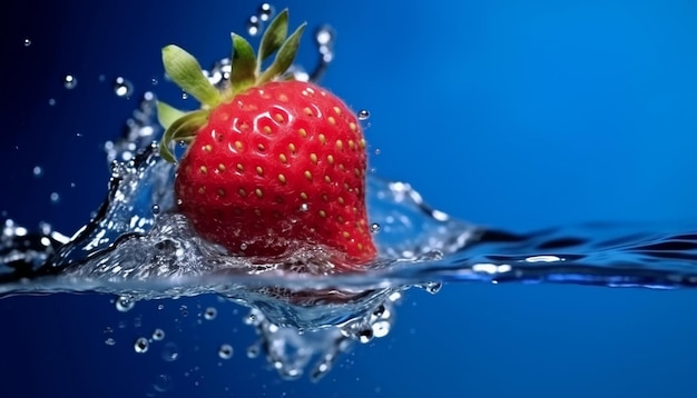 Fragola che cade in acqua con una spruzzata su sfondo blu