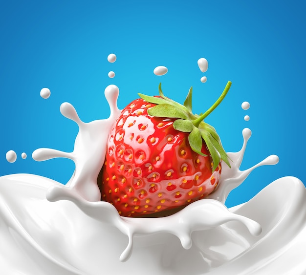 Fragola che cade nel latte bianco o nella spruzzata dello yogurt, illustrazione 3d.