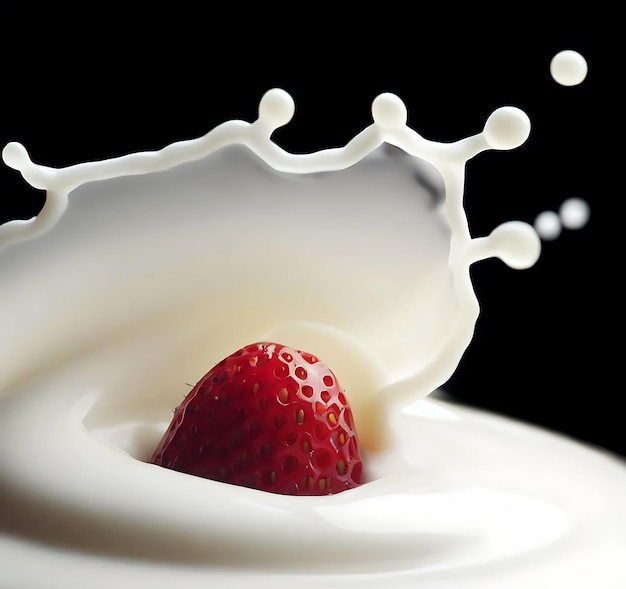 Fragola che fa un tuffo nella crema di latte o nello yogurt ai generati