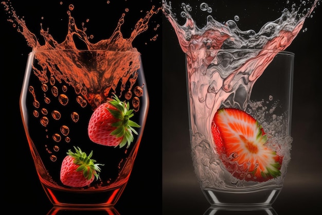 Fragola che spruzza in un bicchiere di liquido su uno sfondo nero ai generativo