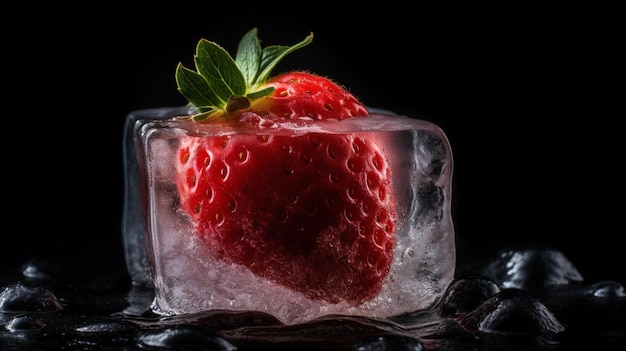 fragola congelata nel cubo di ghiaccio