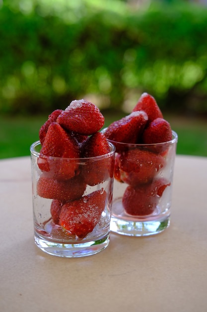 Fragola in bicchieri con zucchero sul tavolo in giardino