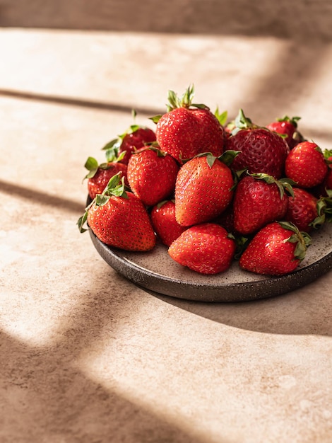 Fragola in piatto con ombre della finestra hursh Spazio di testo estetico creativo minimalista