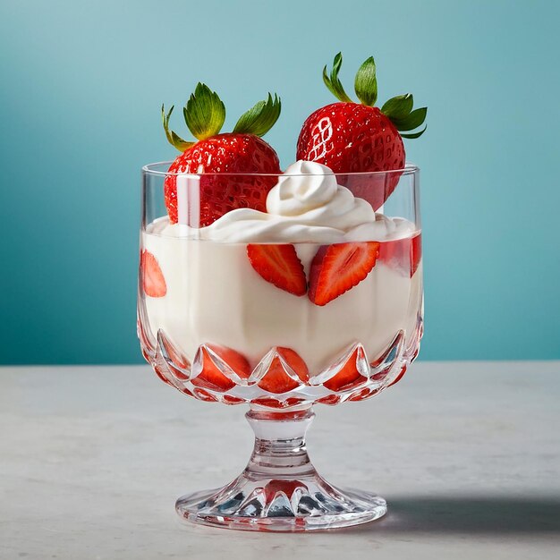 fragola in yogurt bianco con coppa di vetro e fragole sul tavolo con sfondo bianco