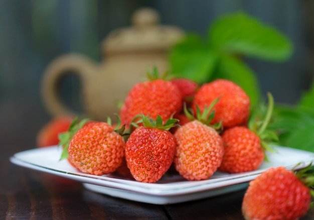 Fragola matura su un piatto bianco.