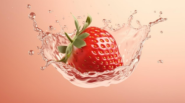 Fragola nel flusso di spruzzi d'acqua Illustrazione di un prodotto succoso con frutti di bosco maturi IA generativa