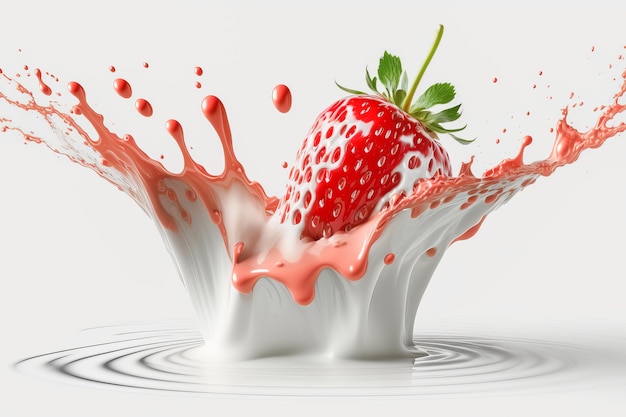 fragola rossa che cade nella spruzzata di yogurt al latte