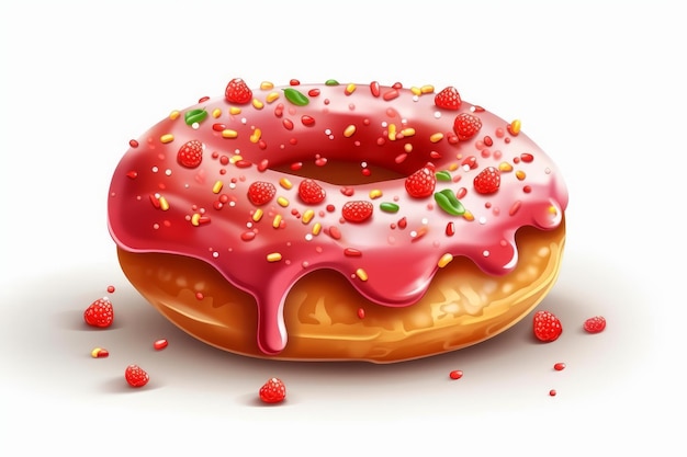Fragola Sprinkle Donut in stile cartone animato su bianco AI generato