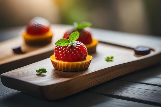 fragola su un piatto di legno con sopra una fetta di fragola