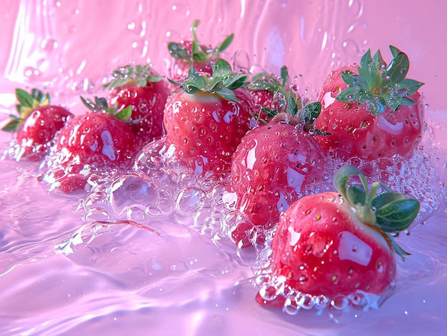 fragola su uno sfondo viola con gocce d'acqua e onde