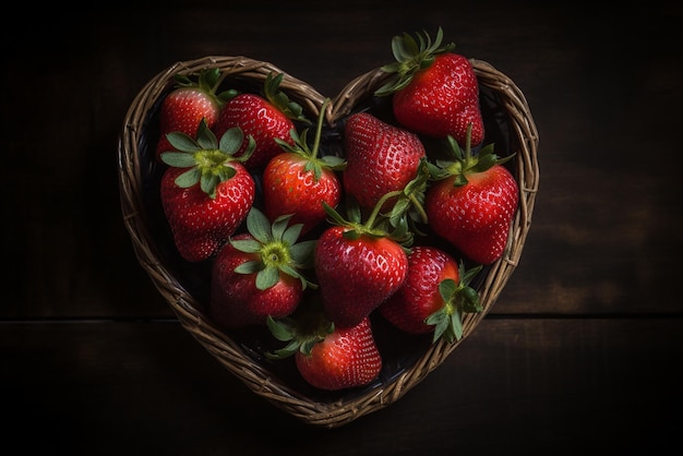Fragole appetitose deliziose dolci rosse mature fresche in cestino a forma di cuore su fondo nero