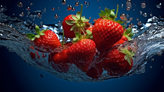 Fragole che cadono in acqua con spruzzi e increspature su sfondo nero ai generativo