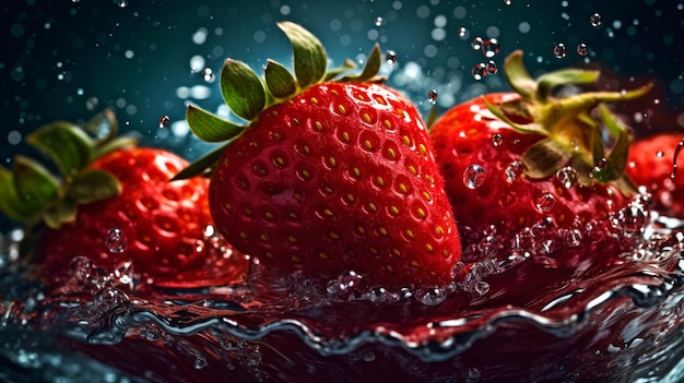 Fragole che cadono in acqua con spruzzi e increspature su sfondo nero ai generativo