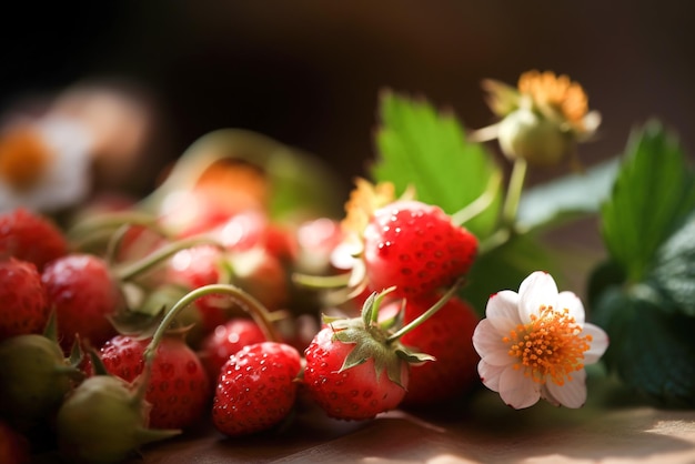 Fragole con fiori su uno sfondo di legno scuro Messa a fuoco selettiva IA generativa