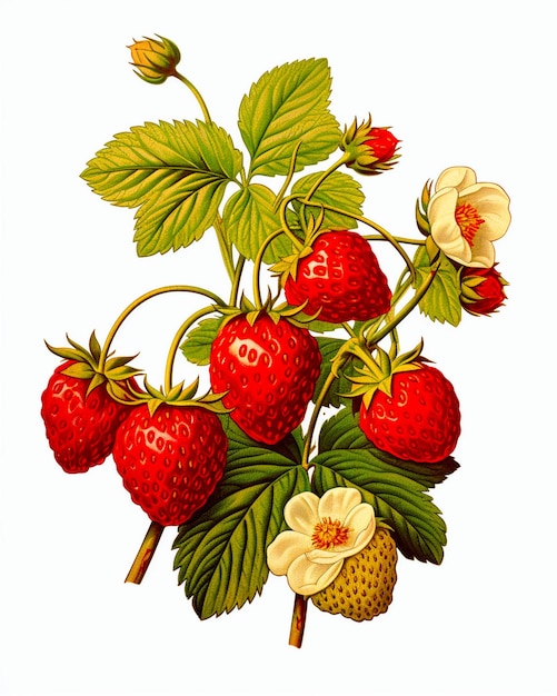 fragole con foglie e fiori sui rami