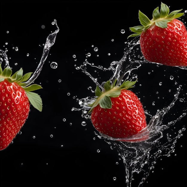 fragole con goccia d'acqua con una spruzzata su uno sfondo scuro