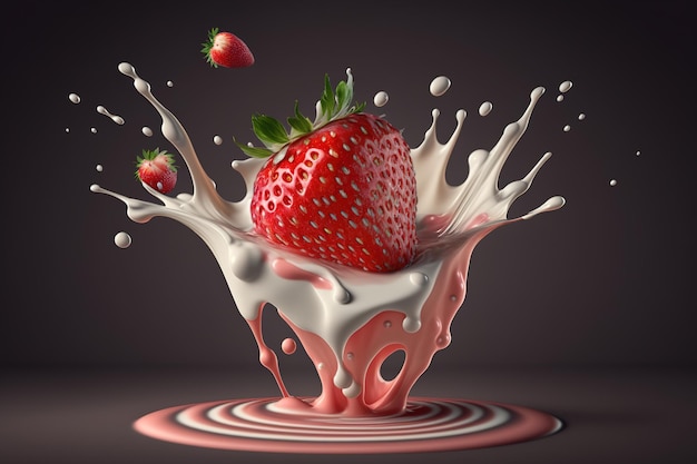 Fragole di levitazione alla fragola cadono negli spruzzi di yogurt e latte Isolate Generative Ai