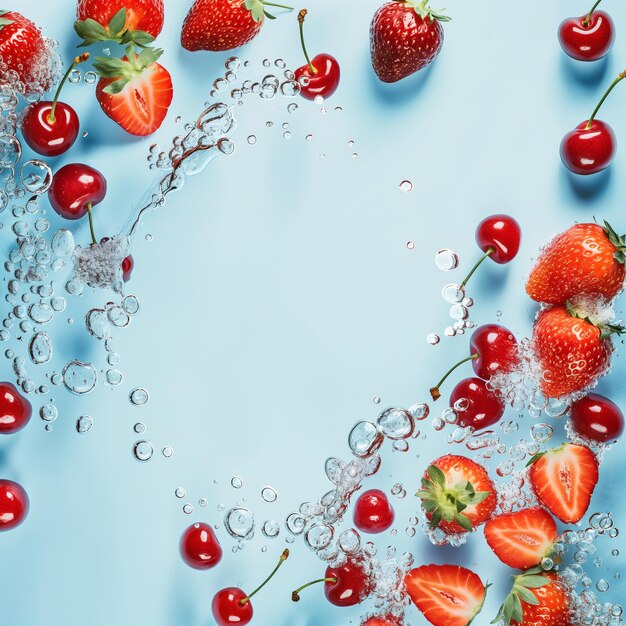 Fragole e ciliegie fresche in acqua con bolle